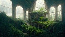 The Ancient Building Is Captured By Nature And Vegetation Of The Palace Castle, Overgrown With Vegetation, Ivy And Vines. Empty Atrium Halls, No One Around. 3d Illustration