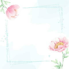 Canvas Print - watercolor pink peony flower and green leaves elements minimal frame with watercolor background