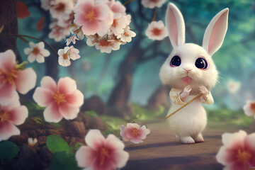Wall Mural - chinese new year 2023, year of the rabbit, easter bunny, cute bunny rabbit with blossoming trees and flower petals