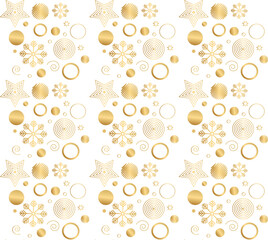 Poster - Holidays seamless pattern with geometric shapes, circles, stars, snowflakes in luxury gold colors isolated on transparent background. Holiday decoration for celebration New year menu, brochure, flyer