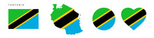 Tanzania Flag Icon Set. Tanzanian Pennant In Official Colors And Proportions. Rectangular, Map-shaped, Circle And Heart-shaped. Flat Vector Illustration Isolated On White.