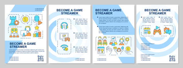 Become cybersport streamer blue brochure template. E sport champion. Leaflet design with linear icons. Editable 4 vector layouts for presentation, annual reports. Arial, Myriad Pro-Regular fonts used
