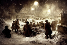 Illustration Of Christmas In The Trenches Of World War 1. Silhouettes Of Soldiers In A Cinematic, Snowy Winter Landscape On Christmas Eve. Army Troops During A Cold And Freezing Winter Conflict.