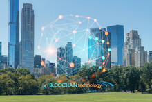 Green Lawn At Central Park And Midtown Manhattan Skyline Skyscrapers At Day Time, New York City, USA. Decentralized Economy. Blockchain, Cryptography And Cryptocurrency Concept, Hologram