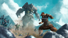The Mountain Giant Is Attacking People. Hero With A Sword Preparing For Battle. 2d Illustration