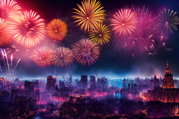 Wall Mural - happy new year fireworks over the city