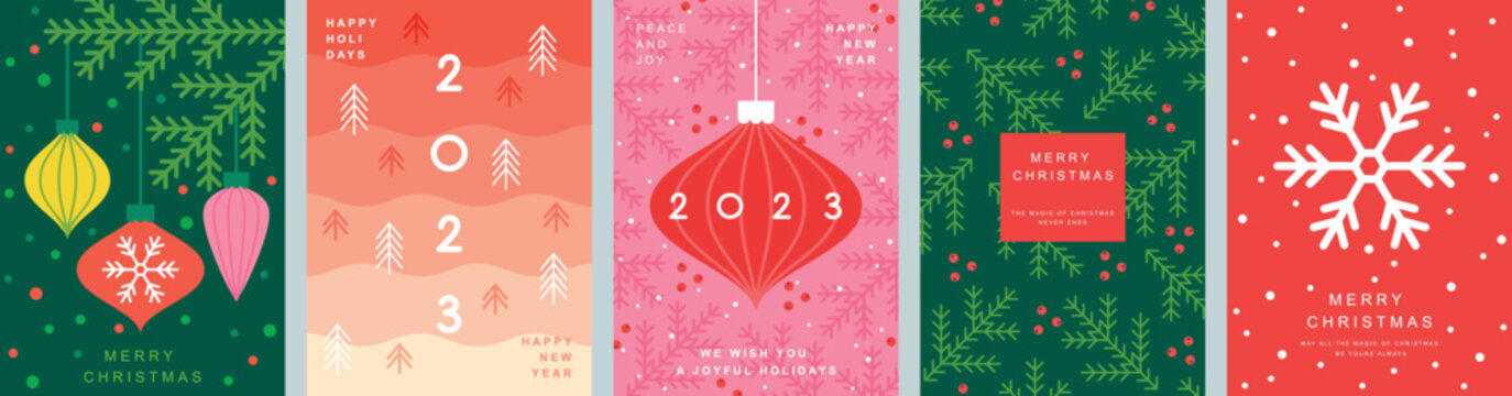 Fototapete - Christmas card set - abstract Holidays flyers. Lettering with Christmas and New