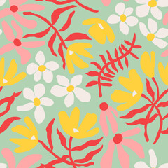 Wall Mural - Hand drawn floral retro print for fabric, wallpaper, packaging, wrapping paper, web banner and social media. Modern groovy flowers, vector background. Vintage botanical seamless pattern.