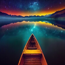 Beautiful Ancient Lake At Night With Bright Galaxies Reflecting In The Water. 3D Rendering.