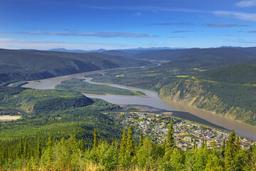 River Yukon and Dawson City, Yukon Territory, Canada. Klondike gold rush town.