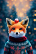 © Valerij - a teenage fox like from a cartoon with a ball for a Christmas tree on his head is standing in the middle of a Christmas forest dressed in a Christmas sweater