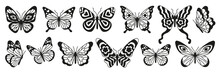 Butterfly Tattoo Art Stickers. Black Sketches. Vector Hand Drawn Illustration, Butterfly Silhoette In Trendy Retro 2000s Style. Y2k Aesthetic.