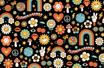 Groovy hippie 1970s background. Funny cartoon flower, rainbow, peace, Love, heart, daisy, mushroom etc. Seamless pattern in trendy trippy retro cartoon style. Flower power. Hippie 60s, 70s style.