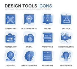Poster - Modern Set Design Tools Gradient Flat Icons for Website and Mobile Apps. Contains such Icons as Creative, Developing, Precision, Vision, Sketch. Conceptual color flat icon. Vector pictogram pack.