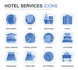 Wall Mural - Modern Set Hotel Service Gradient Flat Icons for Website and Mobile Apps. Contains such Icons as Restaurant, Room Services, Reception. Conceptual color flat icon. Vector pictogram pack.