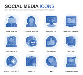Leinwandbilder - Modern Set Social Media and Network Gradient Flat Icons for Website and Mobile Apps. Contains such Icons as Avatar, Emoji, Chating, Likes. Conceptual color flat icon. Vector pictogram pack.