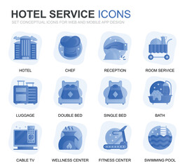 Poster - Modern Set Hotel Services Gradient Flat Icons for Website and Mobile Apps. Contains such Icons as Luggage, Reception, Room Services, Fitness Center. Conceptual color flat icon. Vector pictogram pack.