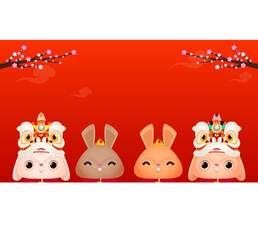 Happy Chinese new year 2023 greeting card background cute little rabbit bunny, year of the rabbit zodiac, gong xi fa cai banner template cartoon character illustration graphic design png style