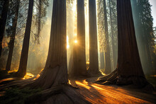 Giant Redwood Trees With The Sun Shining Through