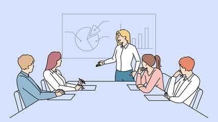 Wall Mural - CEO or boss present business project on board to colleagues in office. Businesswoman make presentation with diagrams and graphs. Motion illustration. 