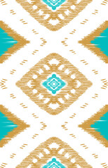 Wall Mural - Abstract ethnic ikat fabric illustration. Golden style pattern background. Design for clothing, wrapping, cover, carpet, fabric, textile, scarf, batik, background, wallpaper, illustration, decoration.