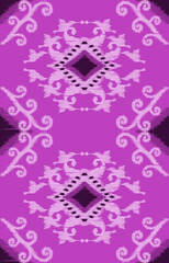 Wall Mural - Abstract ethnic ikat fabric illustration. Purple and white pattern background. Design for clothing, wrapping, cover, carpet, fabric, textile, scarf, batik, background, wallpaper, illustration.