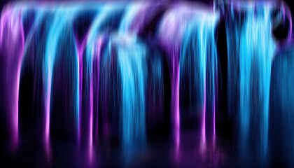 Wall Mural - Neon background. Blur light. Fantasy waterfall. Defocused ultraviolet purple blue color radiance flare motion on dark black collage futuristic abstract