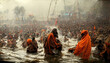 AI generated image of Kumbh Mela with a large crowd of Naga sadhus, Aghoris and pilgrims taking a bath in the Ganga 