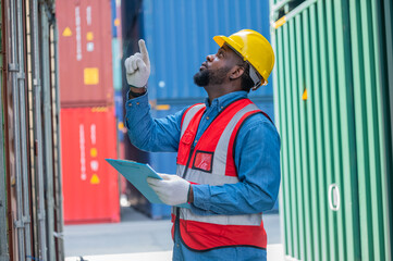 African American worker concept, African American worker working in warehouse containers for logistic import export, Black man worker