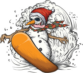 Wall Mural - snowman with a snowboard | Snowboarding Snowman Hand drawn Illustration | Snowboarding Snowman Vector Illustration | Hand-drawn Snowman Christmas Illustration