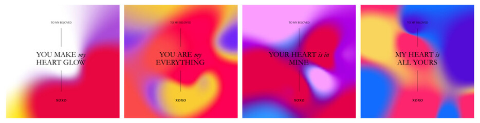 Fototapete - Set of Romantic Colorful Cards About Love with Bright Gradients and Quotes. Vector Abstract Patterns with Color Gradient