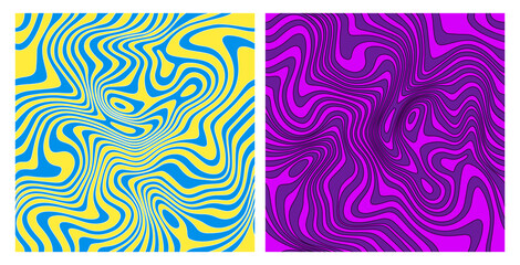 Fototapete - Wavy Seamless Trippy Patterns in Psychedelic Colors with Stroke. Abstract Vector Swirl Backgrounds. 1970 Aesthetic Textures with Flowing Waves