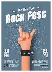 Rock festival invitation printing leaflet template. Music festival flyer vector illustration A4 badge format. 3d rock stars hand with horn sign gesturing.