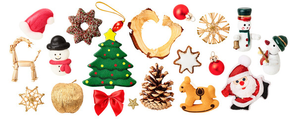  Christmas decoration set. PNG with transparent background. Flat lay. Without shadow.