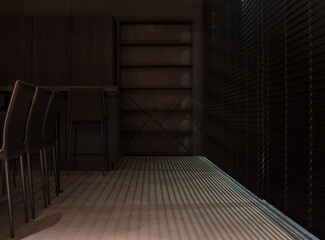 Poster - Wood blinds make shadows on the wall and floor. Automatic wooden venetian blinds on large windows. Evening interior design with shadow through window blinds. Semidarkness in the room.