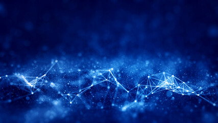 Aufkleber - Polygon abstract blue background is connected with small blurred bokeh particles around it.