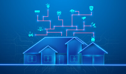 Fototapete - Banner of Smart Home technology. The building consists of numbers and is connected by icons of household smart devices. Intelligent home management system. The concept of a smart home security system