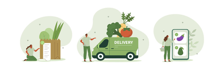 Wall Mural - grocery shipping illustration set. character buying online fresh organic vegetables, paying for an o