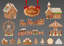 Set Of Isolated Gingerbread Landscape Elements. Christmas Gingerbread Cookies. Gingerbread House, Church, Ferris Wheel, Carousel, Sleigh And Train