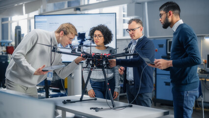 Team of Aviation Engineers Work on a New Drone, Have Discussion, Use Laptop In the Scientific Laboratory. Diverse Scientists Talking and Examining. Startup and Innovations Concept.