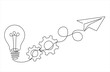 Paper plane flying up connected gears with light bulb in one continuous line drawing. Airplane in outline style. Startup business idea concept. Vector illustration