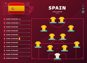 Wall Mural - spain line-up world Football 2022 qatar, cup tournament final stage vector illustration. Country team lineup table and Team Formation on Football Field. soccer tournament Vector country flags