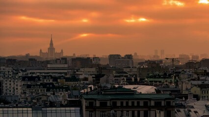 Wall Mural - Amazing time lapse of Moscow. Breath taking sunset. Sun beams over the city