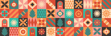 Christmas Icons Elements With Geometric Seamless Vector Pattern For Wrapping Paper, Background, Wallpaper. Holiday Season, Modern, Contemporary Abstract Design.