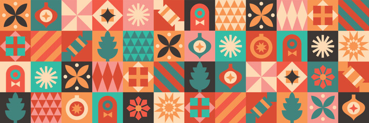christmas icons elements with geometric seamless vector pattern for wrapping paper, background, wall