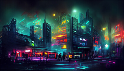 Futuristic cyberpunk neon night city street background. science fiction digital illustration