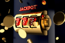 Golden Slot Machine  With Gold Coins 777 Big Win Concept. Casino Jackpot. 3D Illustration