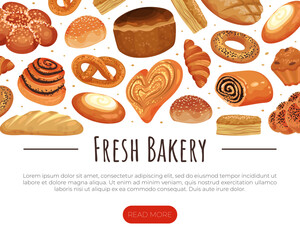 Wall Mural - Baked Food Banner Design with Bread Loaf and Sweet Pastry for Bakeshop Vector Template