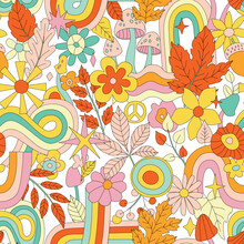 70s Groovy Hippie Retro Seamless Pattern. Funky Abstract Vector Pattern. Wavy Groovy Background With Rainbow, Leaves, Mushroom, Pumpkin And Flowers. Doodle Hippie Print For Wallpaper, Banner, Fabric.
