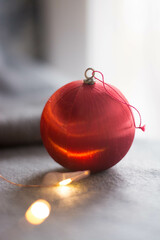 Christmas tree balls decor. Close up. Copy space.